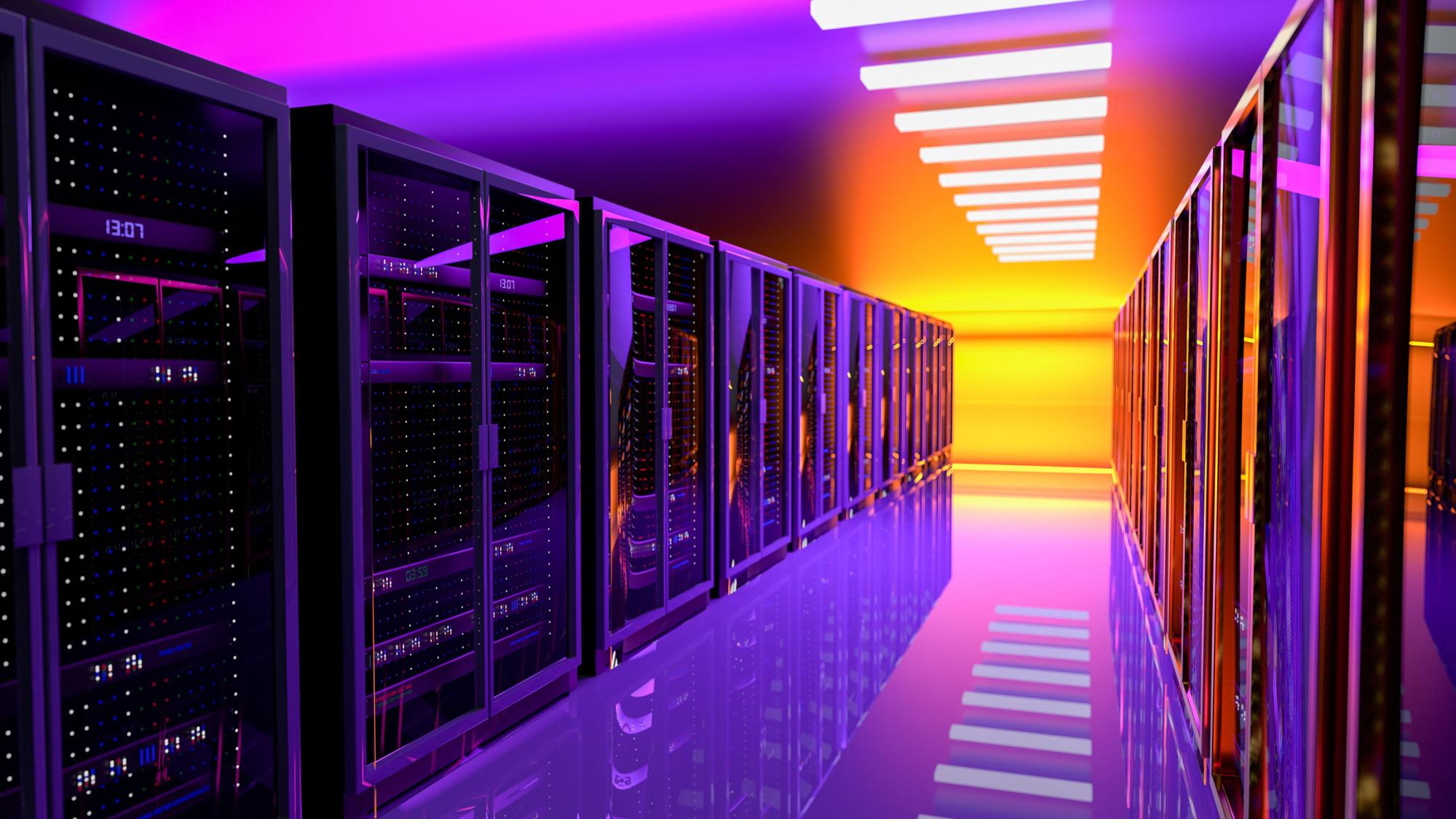 Colorful photo of the inside of a server farm