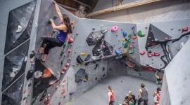 People climbing a wall in a climbing Gym